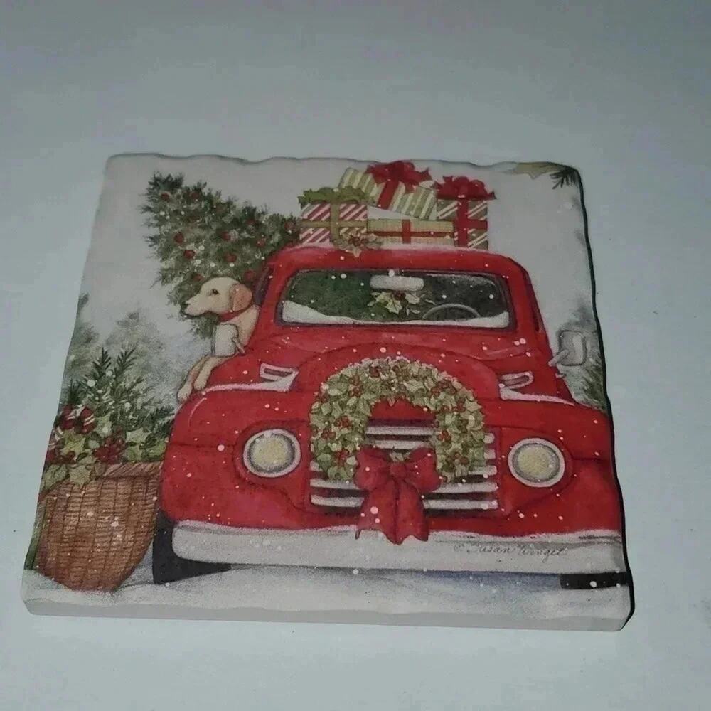 Red Truck and Dog Rustic Christmas Coasters Set of 4 NWT - Picture 5 of 6